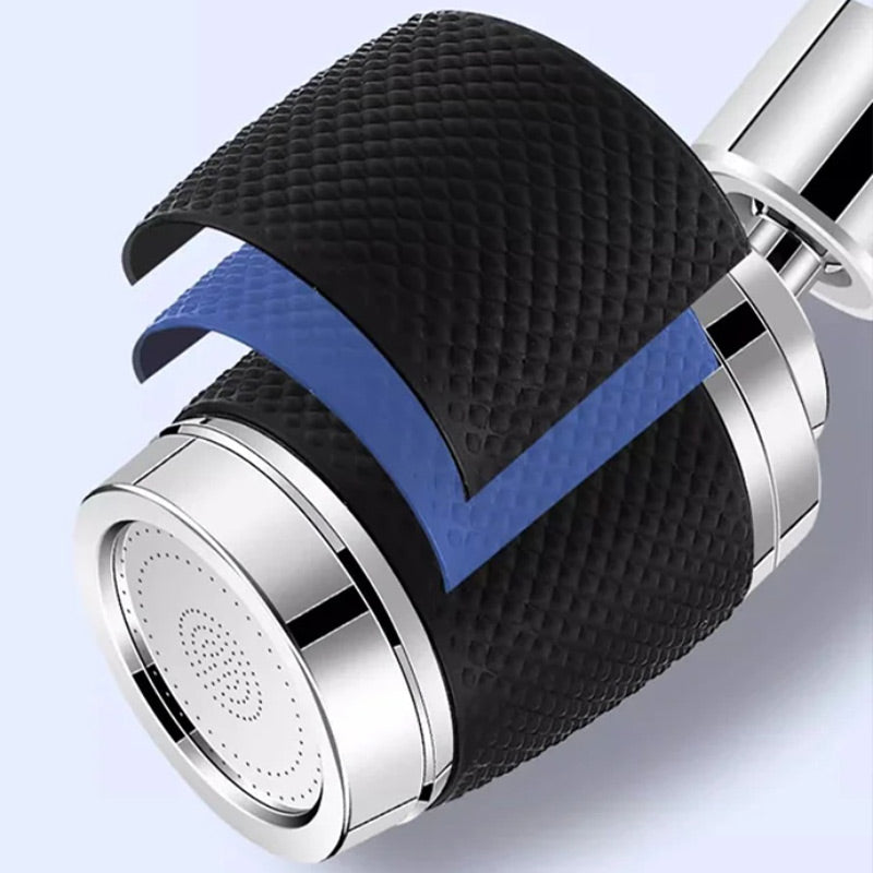 Arenzza 360-degree swivel splash-proof faucet aerator, houseware and kitchen accessory, shown installed on a kitchen faucet.