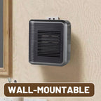 Arenzza 800W wall outlet space heater with adjustable thermostat and timer, showing the compact heater plugged into a wall socket.