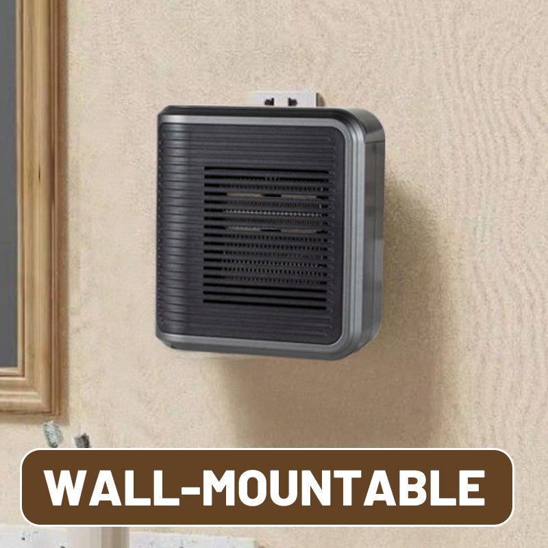 Arenzza 800W wall outlet space heater with adjustable thermostat and timer, showing the compact heater plugged into a wall socket.