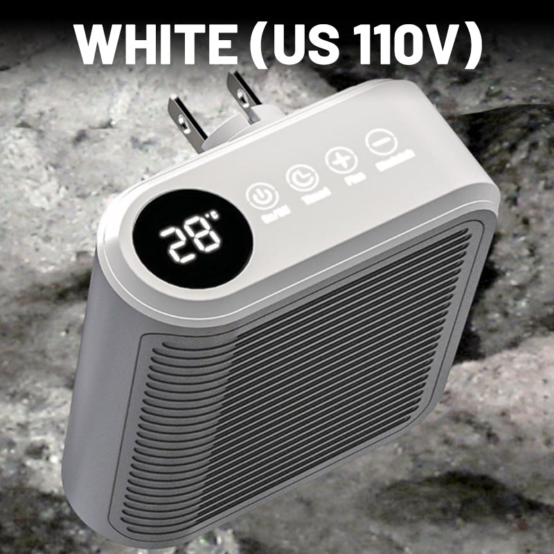 Arenzza 800W wall outlet space heater with adjustable thermostat and timer, showing the compact heater unit plugged into an outlet.