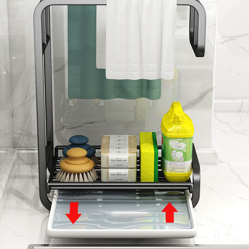 Arenzza kitchen rag organizer and drying rack holding colorful dish towels on a countertop for drying and storage.