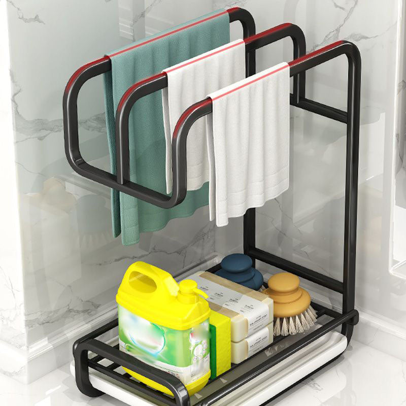 Arenzza kitchen rag organizer and drying rack holding colorful dishcloths, made of durable metal with multiple slots for drying and storage.