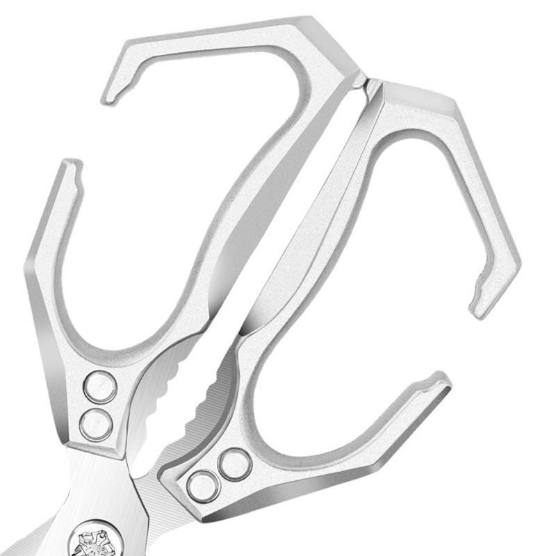 Arenzza heavy-duty kitchen shears with black handles, multifunctional houseware scissors on a white background.