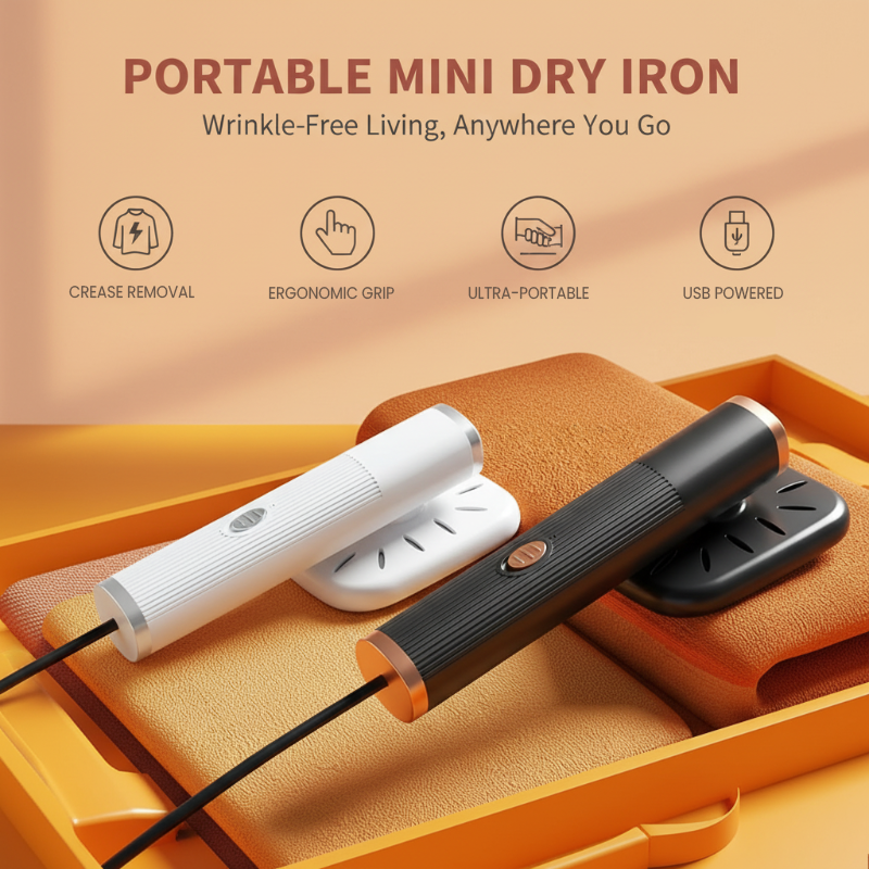 Arenzza portable mini USB handheld iron for houseware and kitchen use, shown plugged in with a compact design.