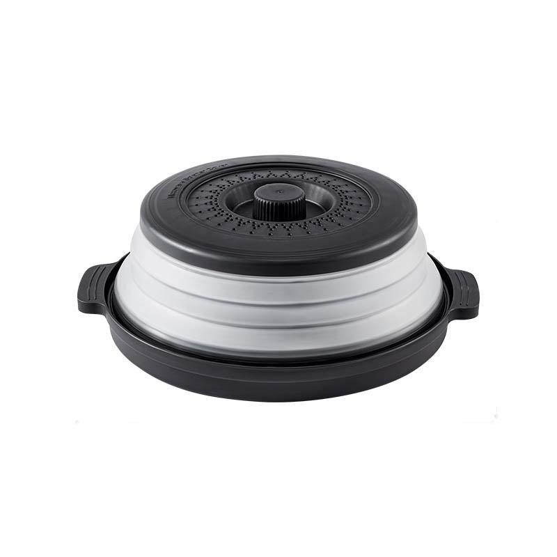 Arenzza collapsible microwave cover with base mat, designed for kitchen use, showing the cover's compact, foldable design on a countertop.