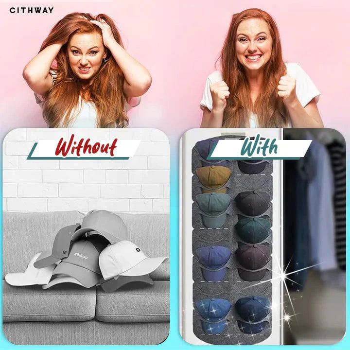 Arenzza hanging hat holder with multiple pockets, designed for kitchen and houseware storage, showing organized hats and accessories.