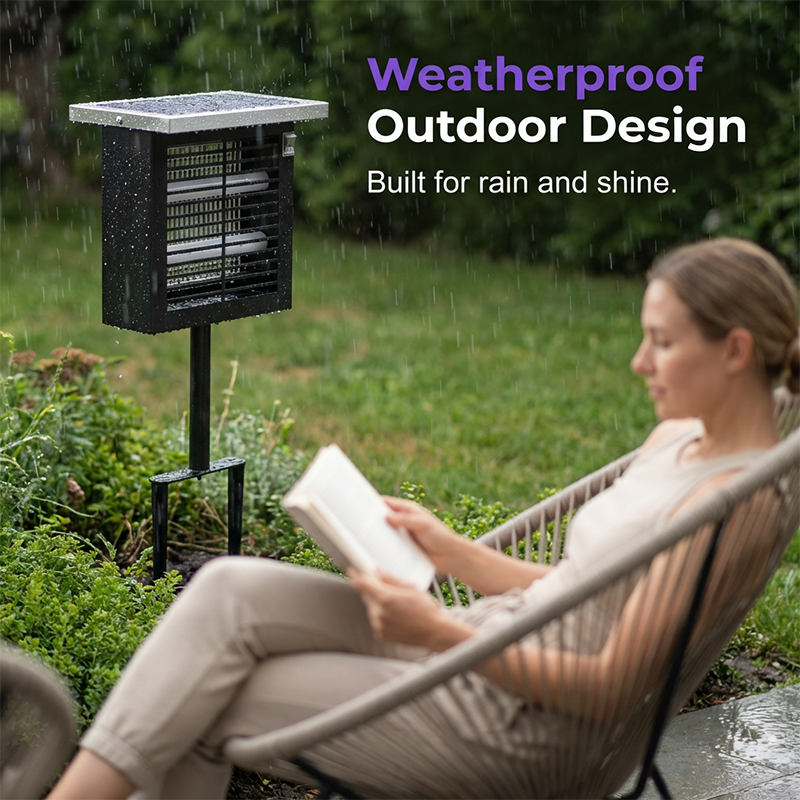 Arenzza solar-powered outdoor bug zapper mounted on a wall, with a grid and LED indicator, designed for outdoor pest control.