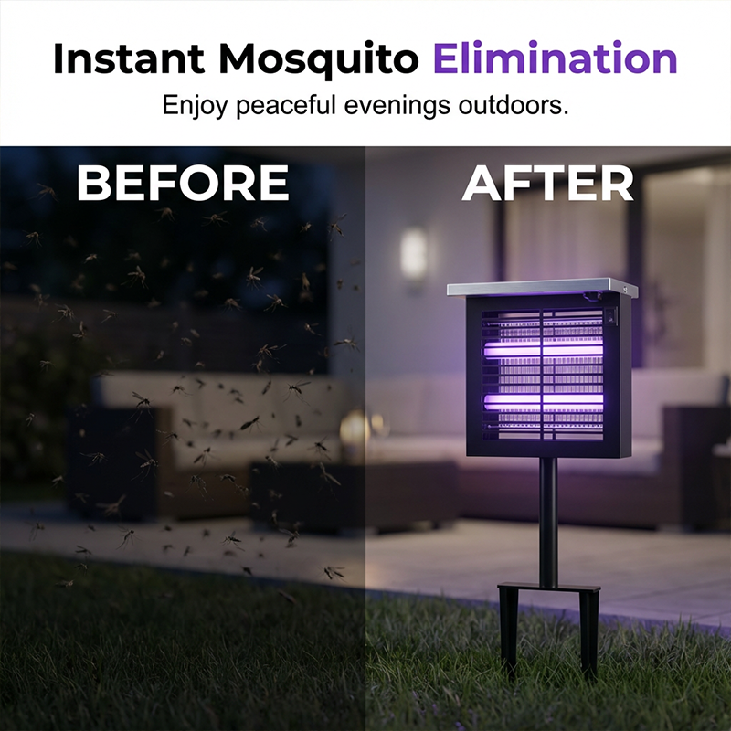 Arenzza solar-powered outdoor bug zapper with UV light, mounted on a patio wall, designed to attract and eliminate flying insects.