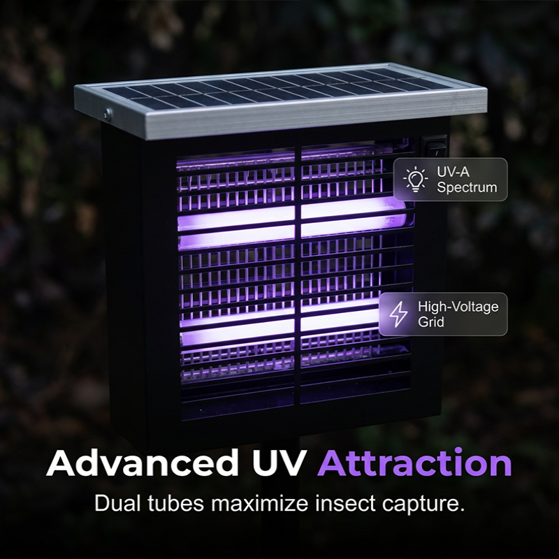 Arenzza solar-powered outdoor bug zapper with UV light and electric grid for outdoor insect control, mounted on a wall in a garden setting.