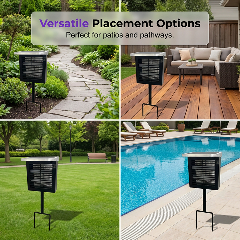 Arenzza solar-powered outdoor bug zapper hanging in a garden, with grid design and solar panel on top for eco-friendly insect control.