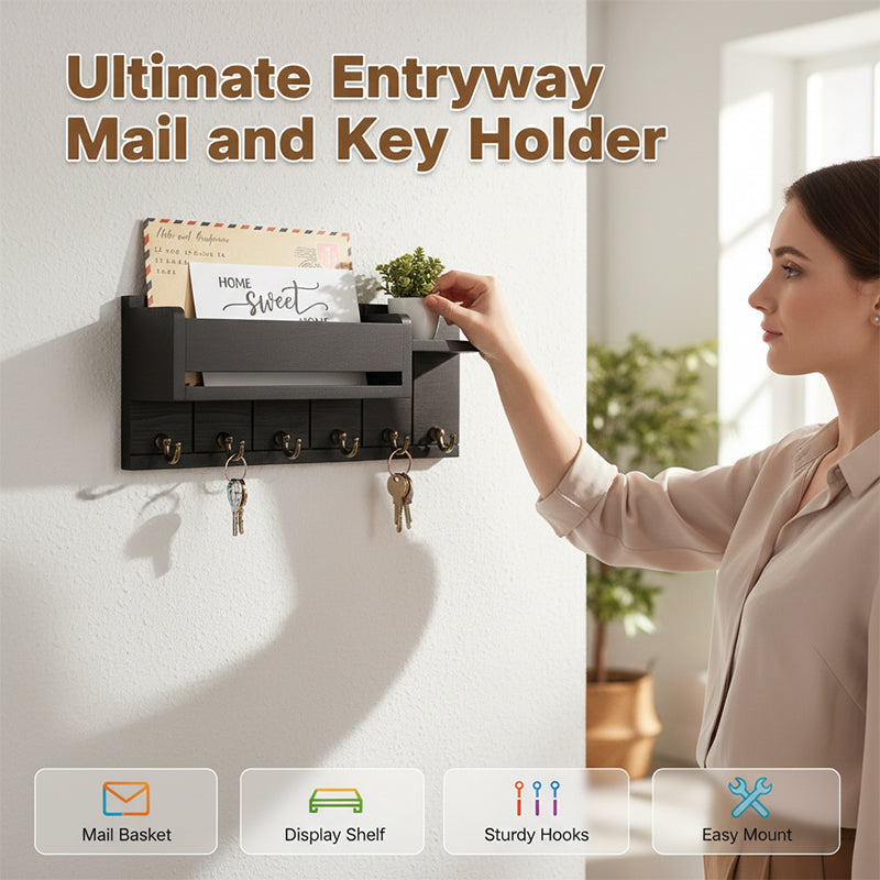 Arenzza wall-mounted mail and key holder with a shelf, made of wood and metal, for organizing mail, keys, and small items.