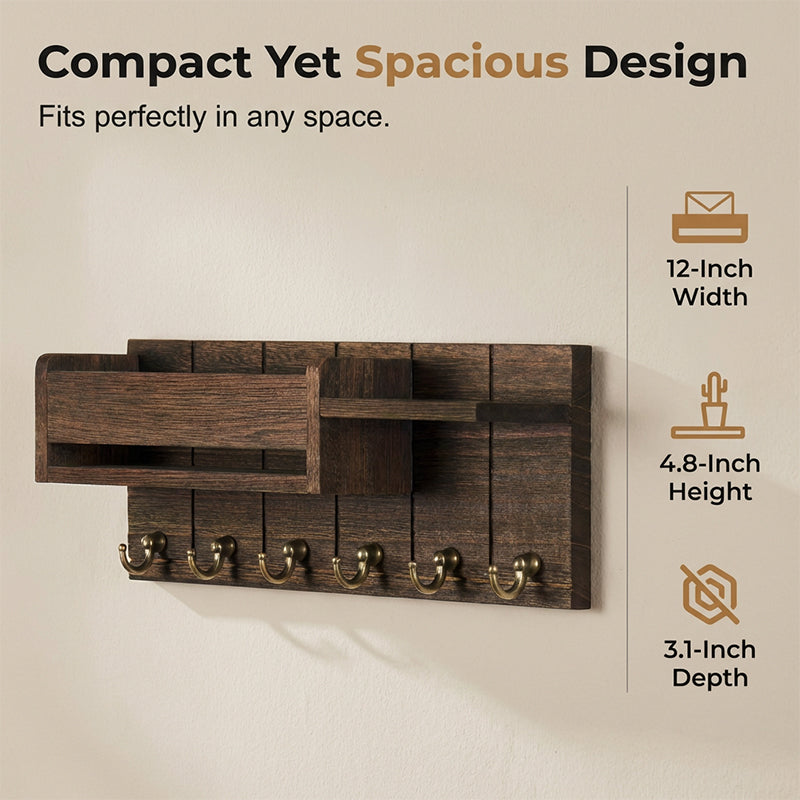 Aarenza wall-mounted mail and key holder with shelf, made of wood and metal, for organizing mail, keys, and small items.