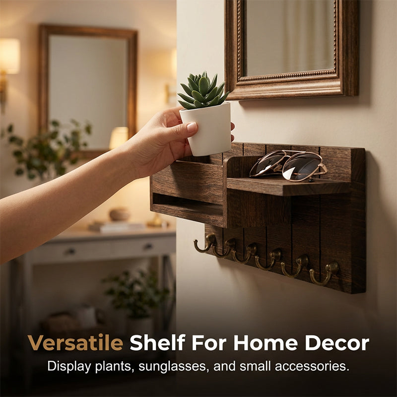 Arenzza wall-mounted mail and key holder with shelf, featuring hooks and storage space for organizing keys, mail, and small items.