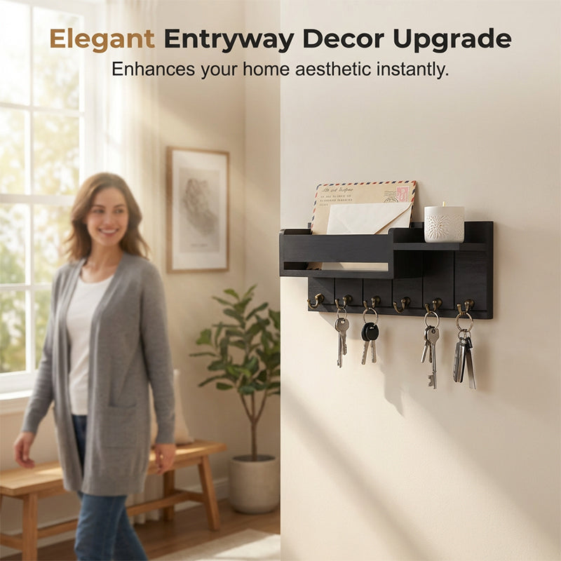 Aarenza wall-mounted mail and key holder with a shelf, featuring hooks for keys and a small shelf for mail or decor items.