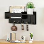 Arenzza wall-mounted mail and key holder with a shelf, made of wood and metal, for organizing mail, keys, and small household items.