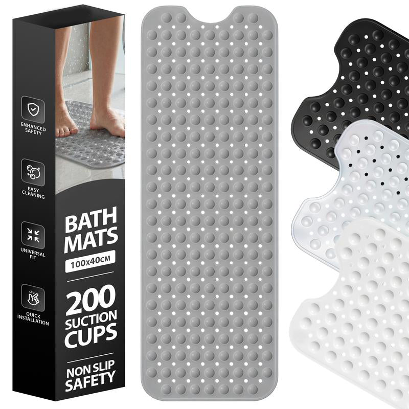 Arenzza 40x16 inch non-slip bathtub mat with suction cups, gray textured surface designed for safety and comfort in the bathroom.