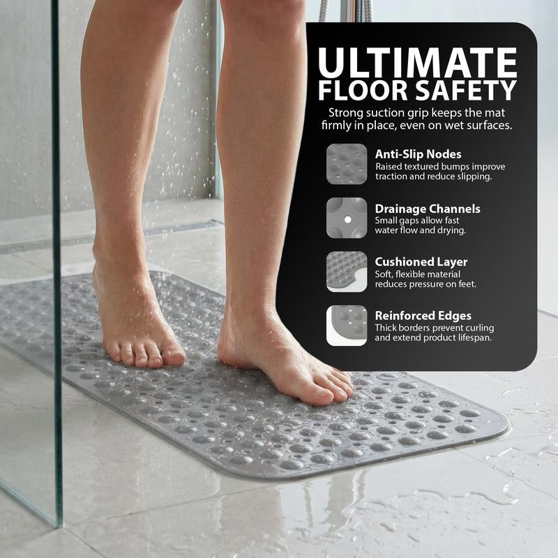 Arenzza 40x16-inch non-slip bathtub mat with suction cups, featuring textured surface for safety in the bathroom.