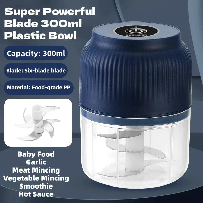 Arenzza cordless mini electric garlic chopper in black, showing its compact design and stainless steel blades for efficient garlic crushing.