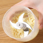 Arenzza cordless mini electric garlic chopper with transparent container, stainless steel blades, and compact design for easy kitchen use.