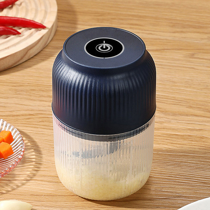 Arenzza cordless mini electric garlic chopper in black with a clear container, compact kitchen houseware for efficient garlic processing.