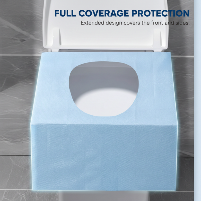 Disposable waterproof toilet seat covers pack by Arenzza, featuring multiple covers in a household bathroom setting.