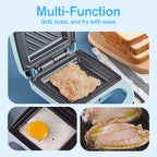 Arenzza compact multi-function sandwich maker with fast heating, black kitchen appliance for quick sandwich preparation.