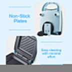 Arenzza compact multi-function fast heating sandwich maker in black and silver with sandwich plates open, ready for use.