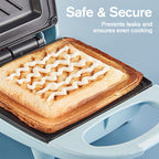 Arenzza compact multi-function sandwich maker with fast heating, shown open with bread slices ready for toasting in a kitchen setting.