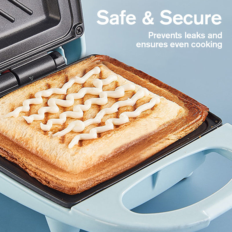 Arenzza compact multi-function sandwich maker with fast heating, shown open with bread slices ready for toasting in a kitchen setting.