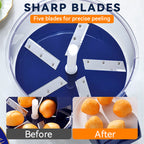 Transparent electric fruit and vegetable peeler by Arenzza, showing the sleek design and sharp peeling blade in a kitchen setting.