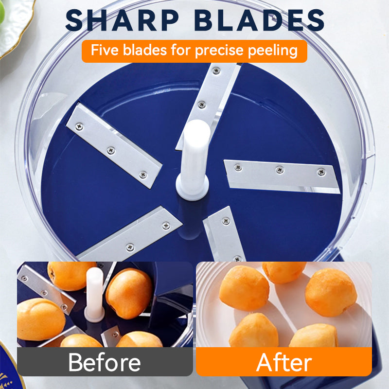 Transparent electric fruit and vegetable peeler by Arenzza, showing the sleek design and sharp peeling blade in a kitchen setting.