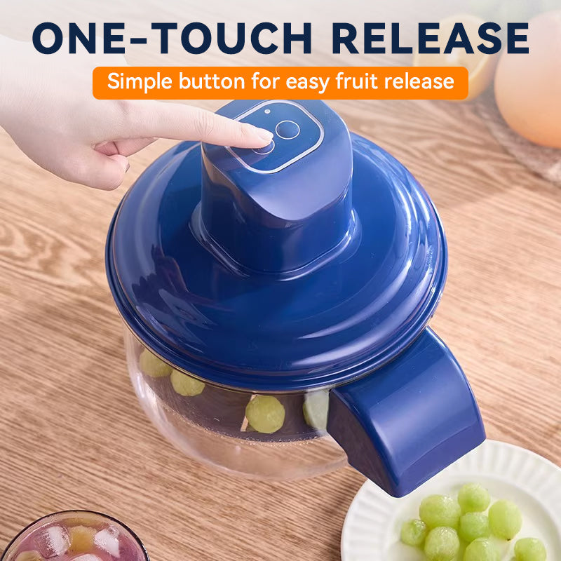 Aarenzza transparent electric fruit and vegetable peeler in use, showing its clear body and stainless steel blade for efficient peeling.