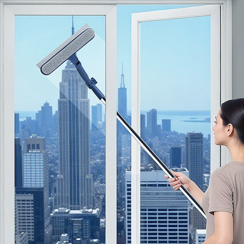Arenzza window cleaning squeegee for high-rise windows, with a long handle and rubber blade for streak-free cleaning.