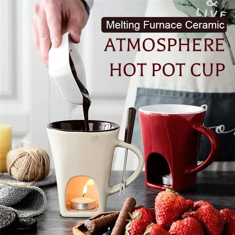Arenzza chocolate melting cup for kitchen, featuring a ceramic bowl with a handle, ideal for melting and pouring chocolate.