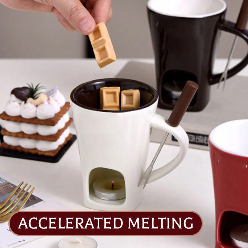 Arenzza chocolate melting cup in ceramic for kitchen use, with a handle and melting chocolate inside, ideal for baking and dessert preparation.