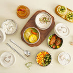 Arenzza portable insulated lunch container set with multiple compartments for hot and cold food storage, ideal for meal on-the-go.