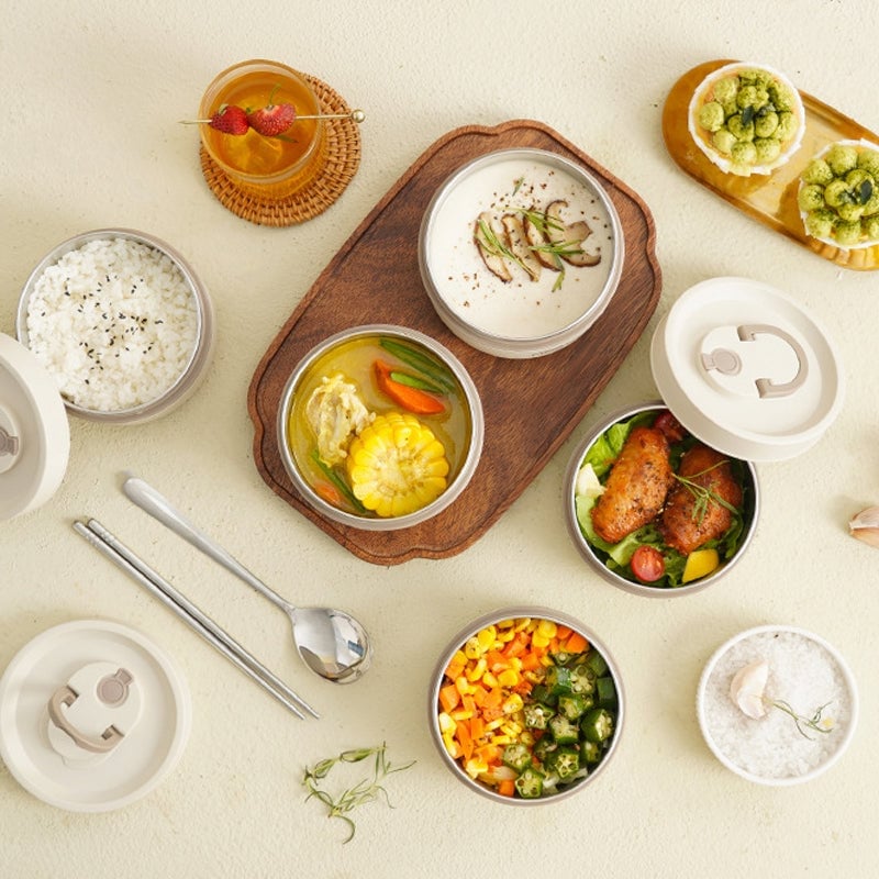 Arenzza portable insulated lunch container set with multiple compartments for hot and cold food storage, ideal for meal on-the-go.