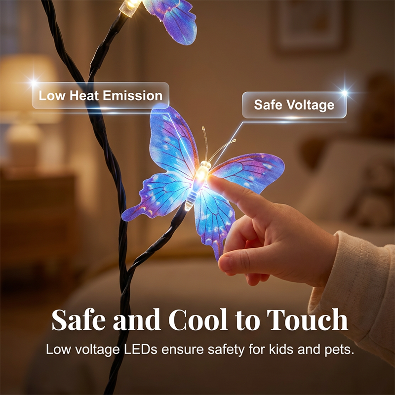 Adenzza Romantic Butterfly Vine LED lights arranged on a wall, decorative houseware for cozy indoor or outdoor ambiance.