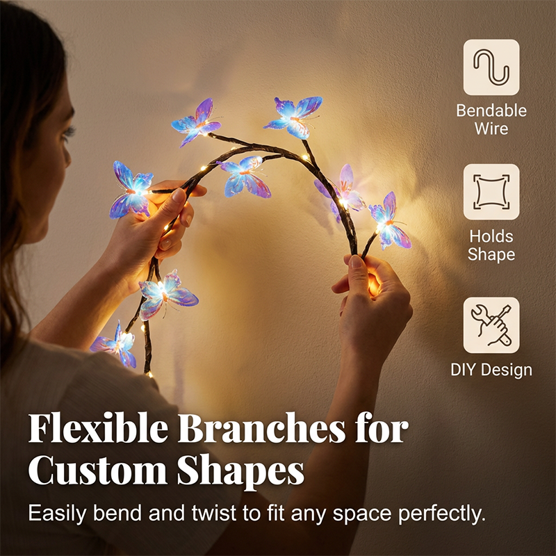 Arenzza Romantic Butterfly Vine LED Lights arranged around a kitchen counter with glowing butterfly and vine designs.