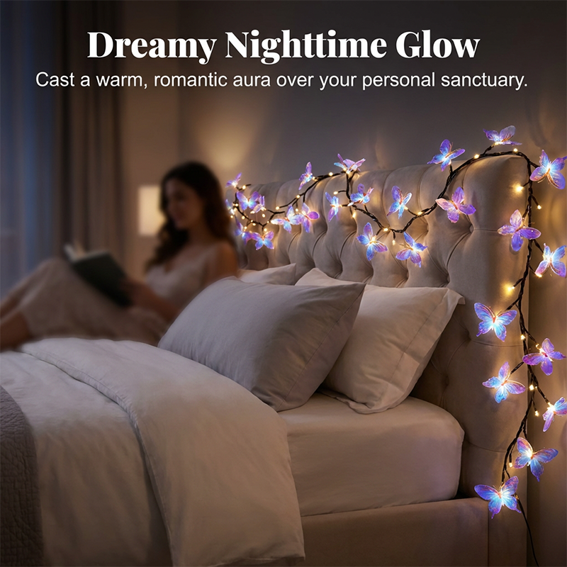 Arenzza Romantic Butterfly Vine LED Lights hanging on a wall, featuring delicate butterfly and vine-shaped LED string for home decor.