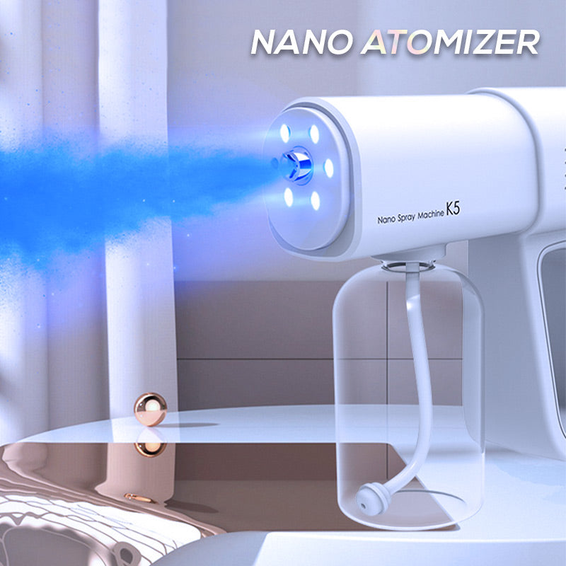 Arenzza 380ml cordless sanitizer nano sprayer gun releasing a fine mist, ideal for home, office, and garden cleaning.