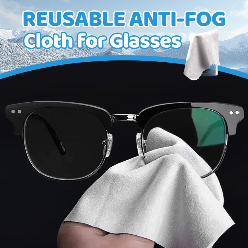 Arenzza reusable anti-fog cloth for glasses showing a hand wiping clear lenses, designed for cleaning and fog prevention.