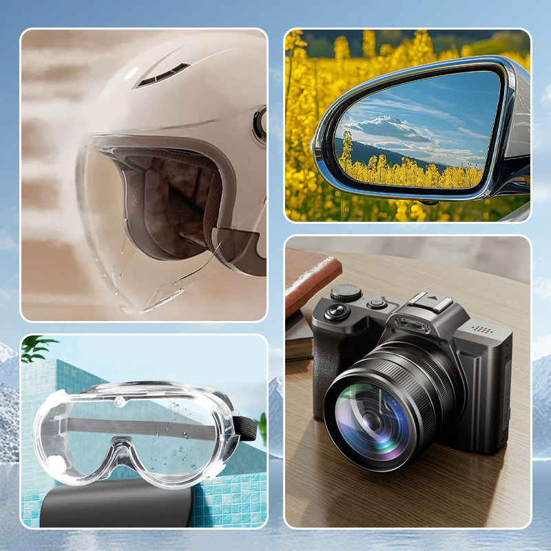 Aarenza reusable anti-fog cloth for glasses, showing a person cleaning clear eyeglasses with the cloth in a home kitchen setting.
