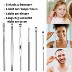 Arenzza portable 6-piece stainless steel ear piercing kit with spiral ear tool, displayed on a white background.