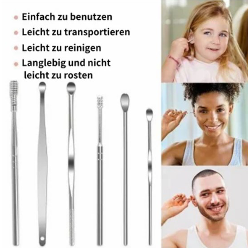 Arenzza portable 6-piece stainless steel ear piercing kit with spiral ear tool, displayed on a white background.