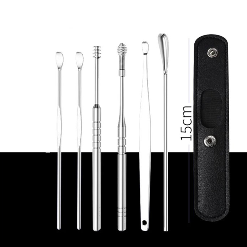 Aarenza portable 6-piece stainless steel ear piercing kit with spiral ear tool, including various needles and tools for ear piercing.