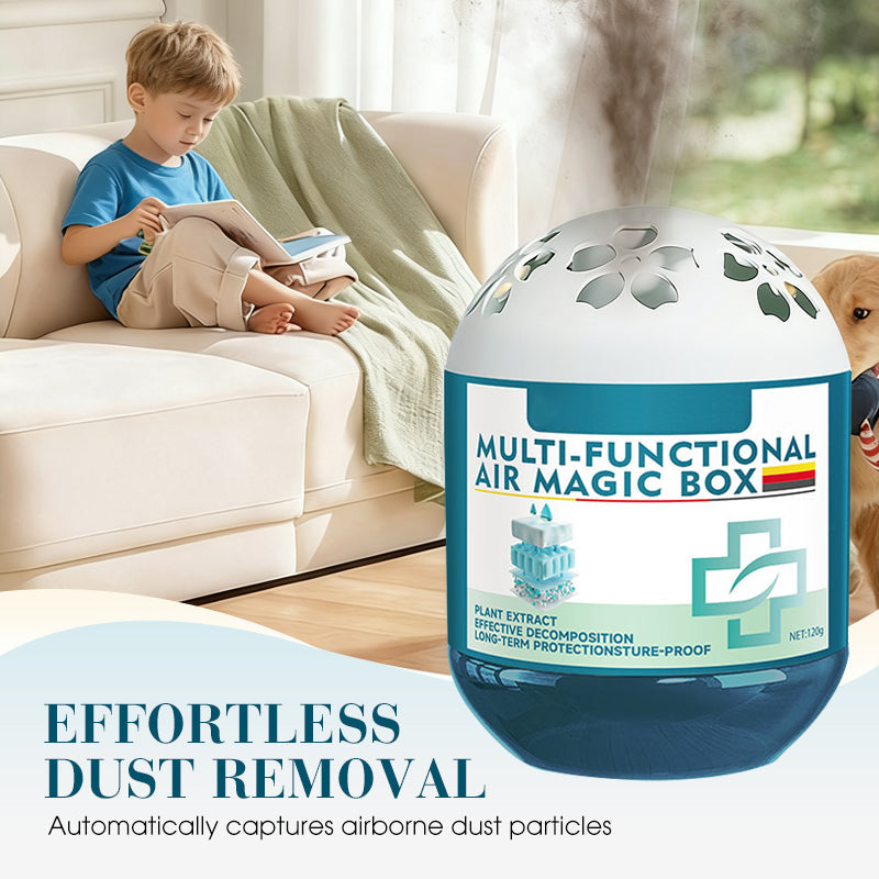 Arenzza indoor air purifier and dust removal magic box for house and kitchen use, compact device with sleek design and air vents.