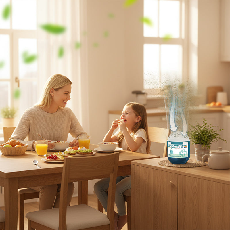 Arenzza indoor air purification dust removal magic box for home air quality improvement, shown on a clean kitchen counter.