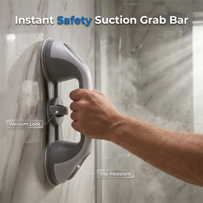 Arenzza drill-free suction cup grab bar mounted on a bathroom wall for safety and support in houseware and kitchen settings.