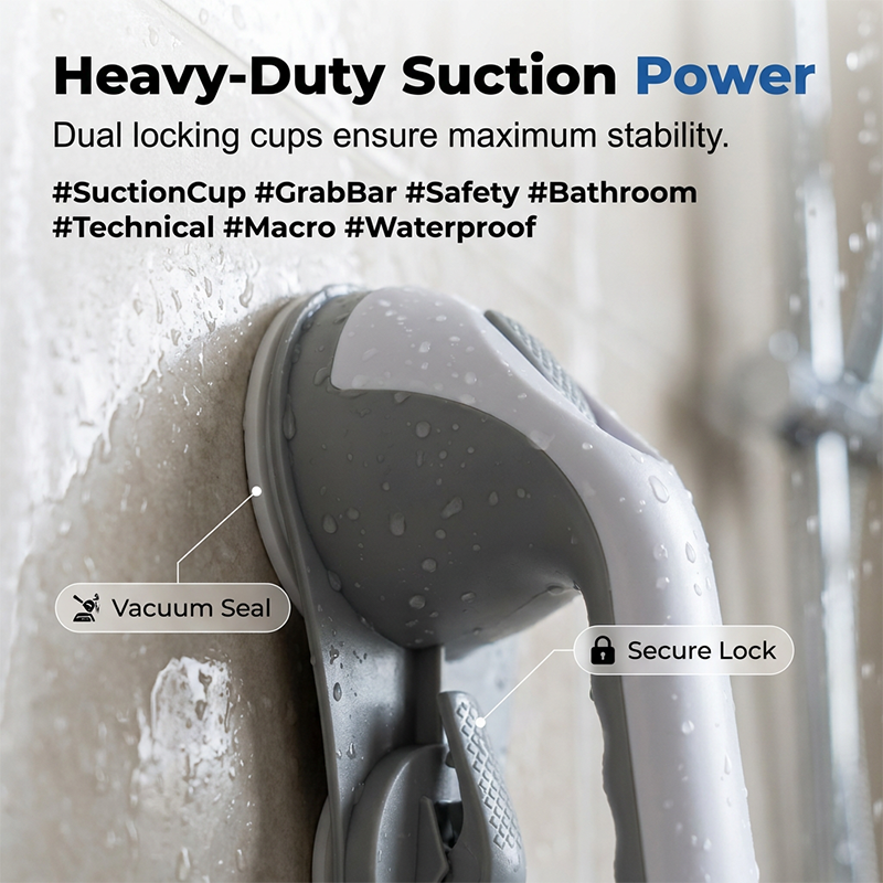 Arenzza drill-free suction cup grab bar mounted on a bathroom wall, providing secure support for safety and stability.